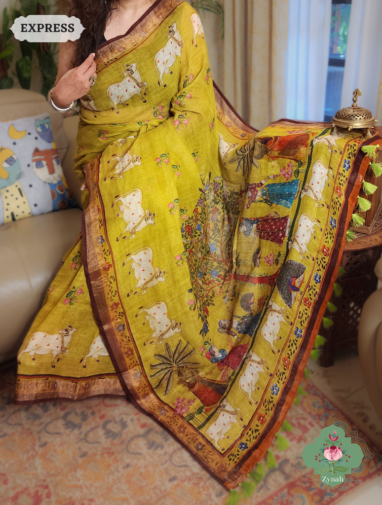 Zynah Henna Green Organic Linen Saree With Pichwai Print; Custom Stitched/Ready-made Blouse, Fall, Petticoat; SKU: 1006202301