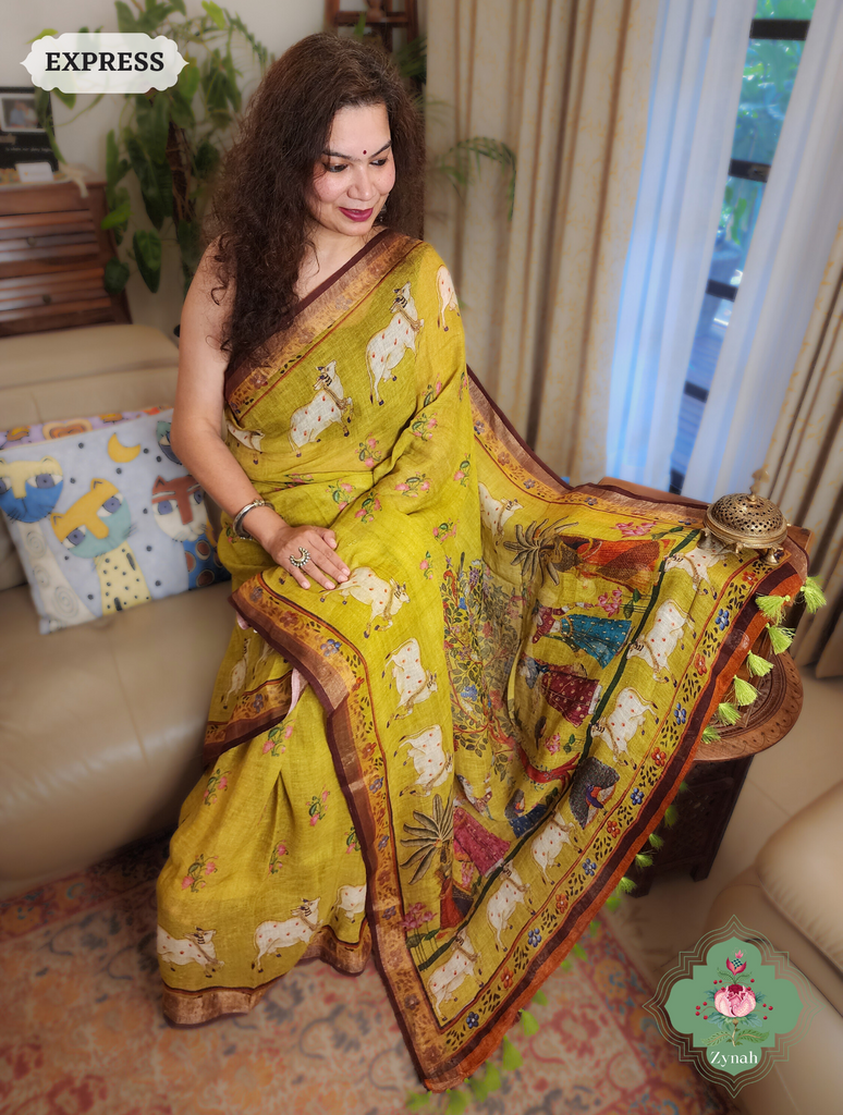 Zynah Henna Green Organic Linen Saree With Pichwai Print; Custom Stitched/Ready-made Blouse, Fall, Petticoat; SKU: 1006202301