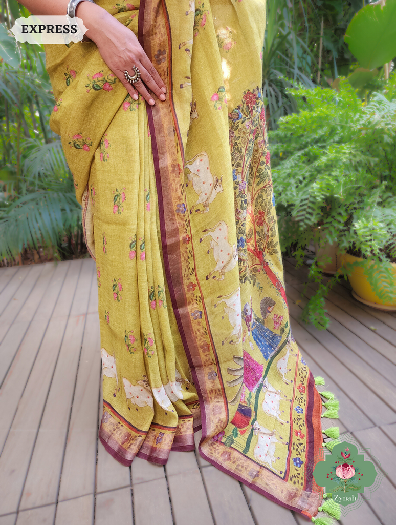 Zynah Henna Green Organic Linen Saree With Pichwai Print; Custom Stitched/Ready-made Blouse, Fall, Petticoat; SKU: 1006202301