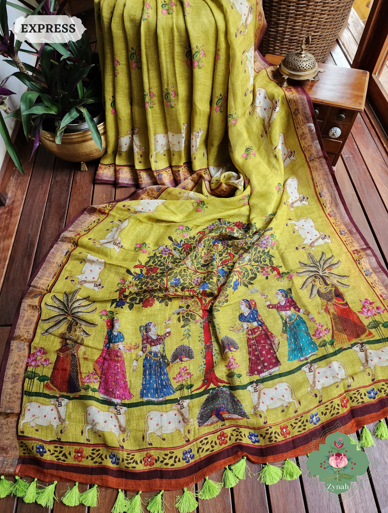 Zynah Henna Green Organic Linen Saree With Pichwai Print; Custom Stitched/Ready-made Blouse, Fall, Petticoat; SKU: 1006202301