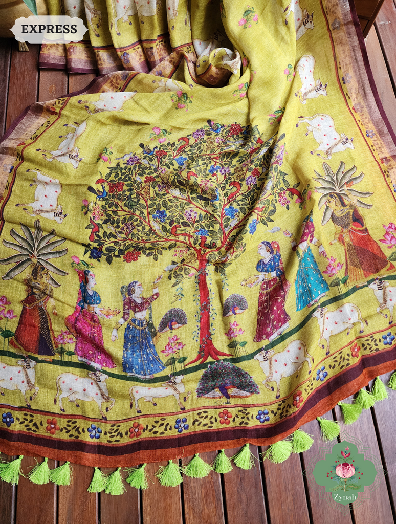 Zynah Henna Green Organic Linen Saree With Pichwai Print; Custom Stitched/Ready-made Blouse, Fall, Petticoat; SKU: 1006202301