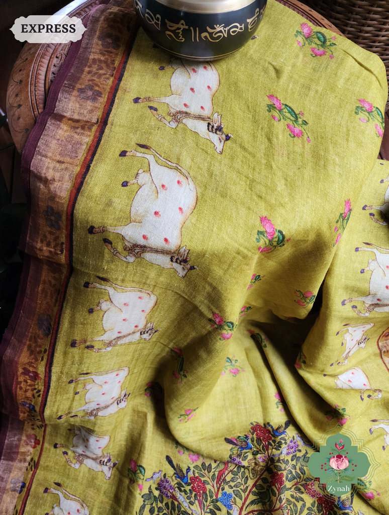 Zynah Henna Green Organic Linen Saree With Pichwai Print; Custom Stitched/Ready-made Blouse, Fall, Petticoat; SKU: 1006202301