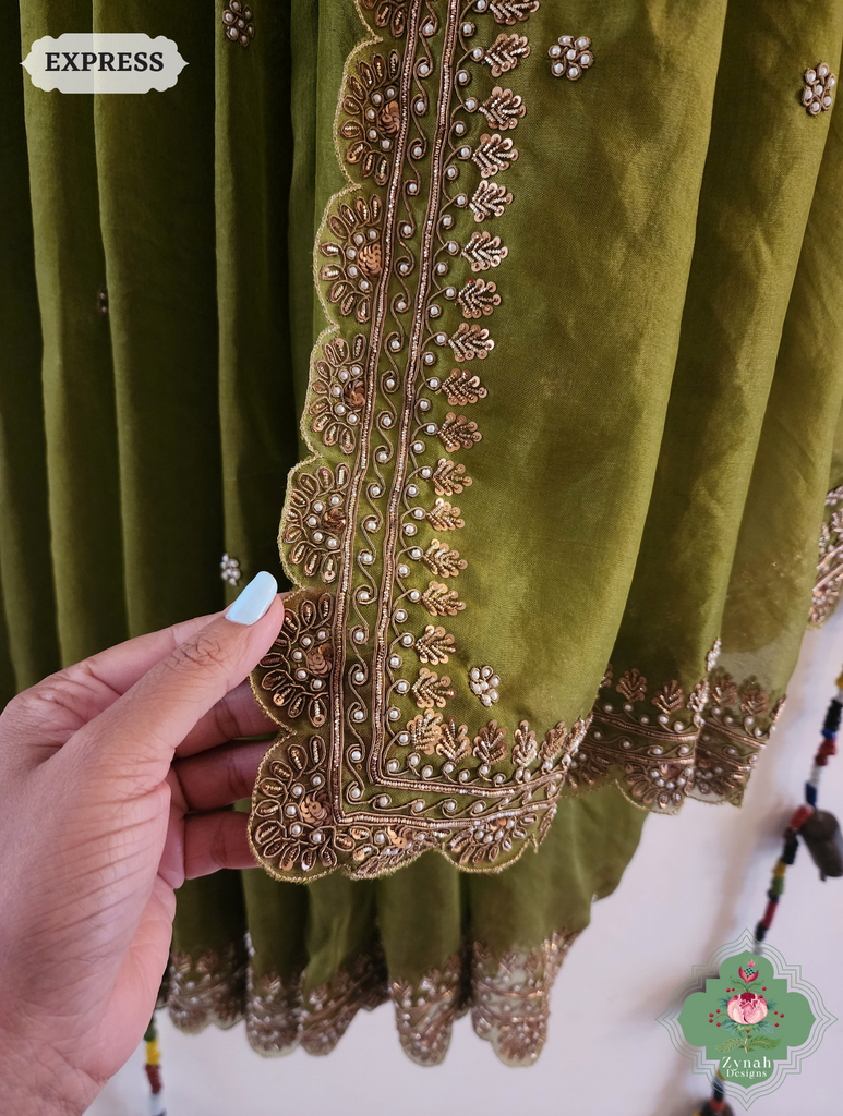 Mehendi Green Pure Organza Silk Saree with Zardozi, Pearl beads and Sequins Hand Embroidery 8