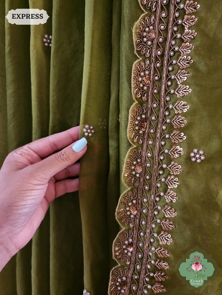 Mehendi Green Pure Organza Silk Saree with Zardozi, Pearl beads and Sequins Hand Embroidery 9