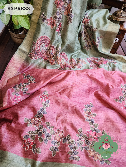 Zynah Metallic Mint Green Jute Tissue Saree With Mayuras & Floral Vine Prints With Hand Kantha Work; Custom Stitched/Ready-made Blouse, Fall, Petticoat; SKU: 0805202301