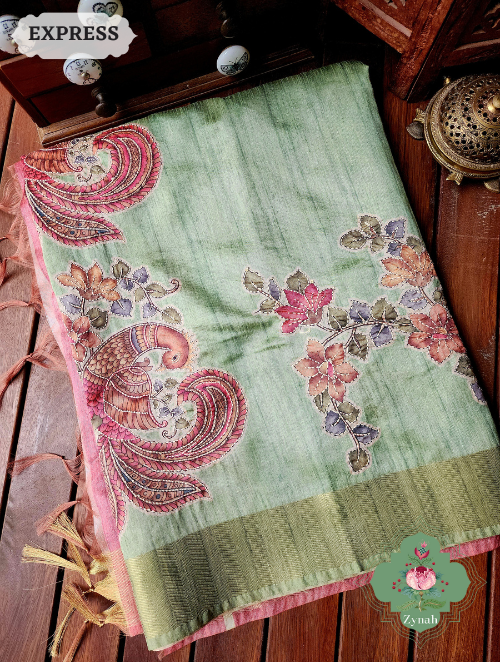 Zynah Metallic Mint Green Jute Tissue Saree With Mayuras & Floral Vine Prints With Hand Kantha Work; Custom Stitched/Ready-made Blouse, Fall, Petticoat; SKU: 0805202301