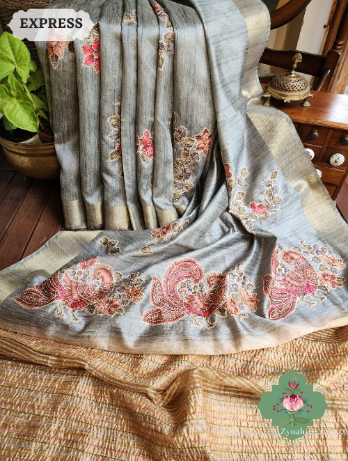 Timeless Metallic Teal Saree with Hand Kantha Work & Floral Prints - perfect for weddings and parties, a must-have.