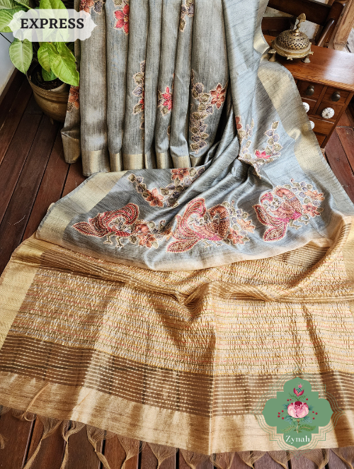 Zynah Metallic Teal Jute Tissue Saree With Mayuras & Floral Vine Prints With Hand Kantha Work; Custom Stitched/Ready-made Blouse, Fall, Petticoat; SKU: 0805202302