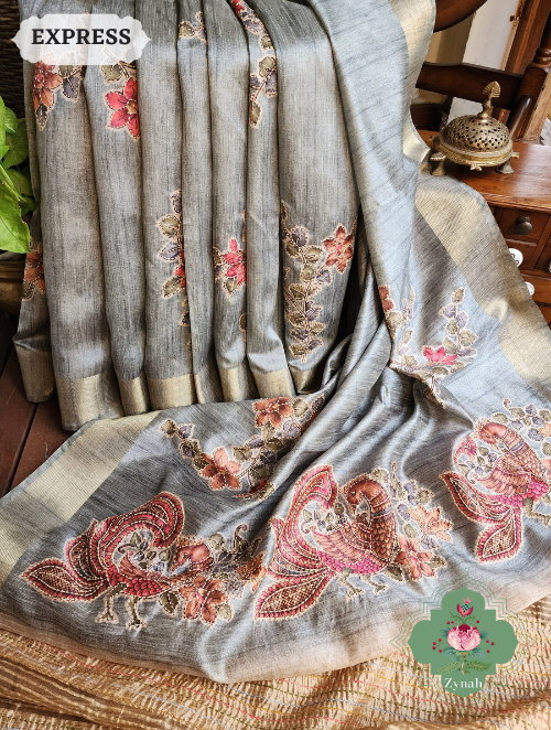 Zynah Metallic Teal Jute Tissue Saree With Mayuras & Floral Vine Prints With Hand Kantha Work; Custom Stitched/Ready-made Blouse, Fall, Petticoat; SKU: 0805202302