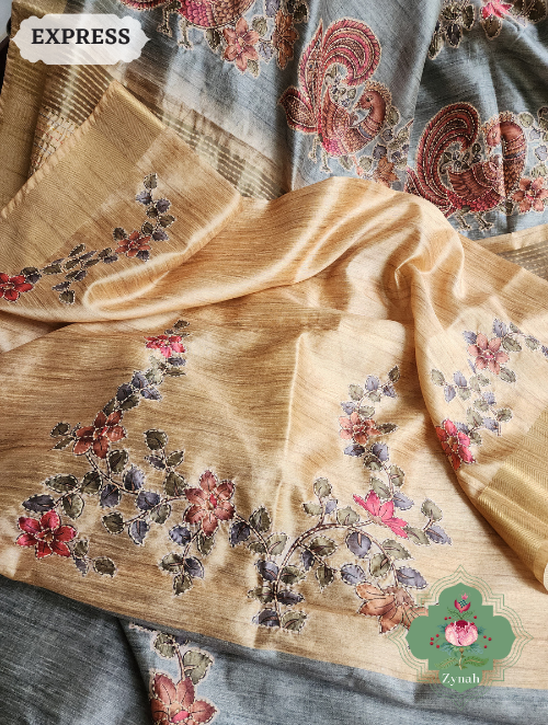 Zynah Metallic Teal Jute Tissue Saree With Mayuras & Floral Vine Prints With Hand Kantha Work; Custom Stitched/Ready-made Blouse, Fall, Petticoat; SKU: 0805202302
