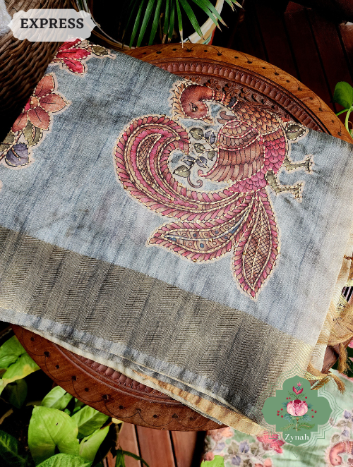 Zynah Metallic Teal Jute Tissue Saree With Mayuras & Floral Vine Prints With Hand Kantha Work; Custom Stitched/Ready-made Blouse, Fall, Petticoat; SKU: 0805202302