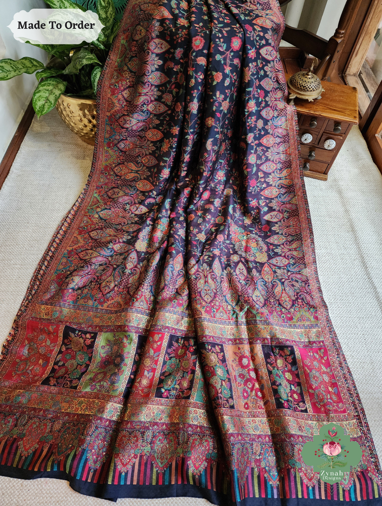 Zynah Made To Order Midnight Blue Handwoven Kashmiri Pure Kani Silk Jamavar Saree; Custom Stitched/Ready-made Blouse, Fall, Petticoat; SKU: 0110202511