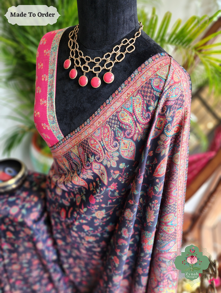Zynah Made To Order Midnight Blue Handwoven Kashmiri Pure Kani Silk Jamavar Saree; Custom Stitched/Ready-made Blouse, Fall, Petticoat; SKU: 0110202511