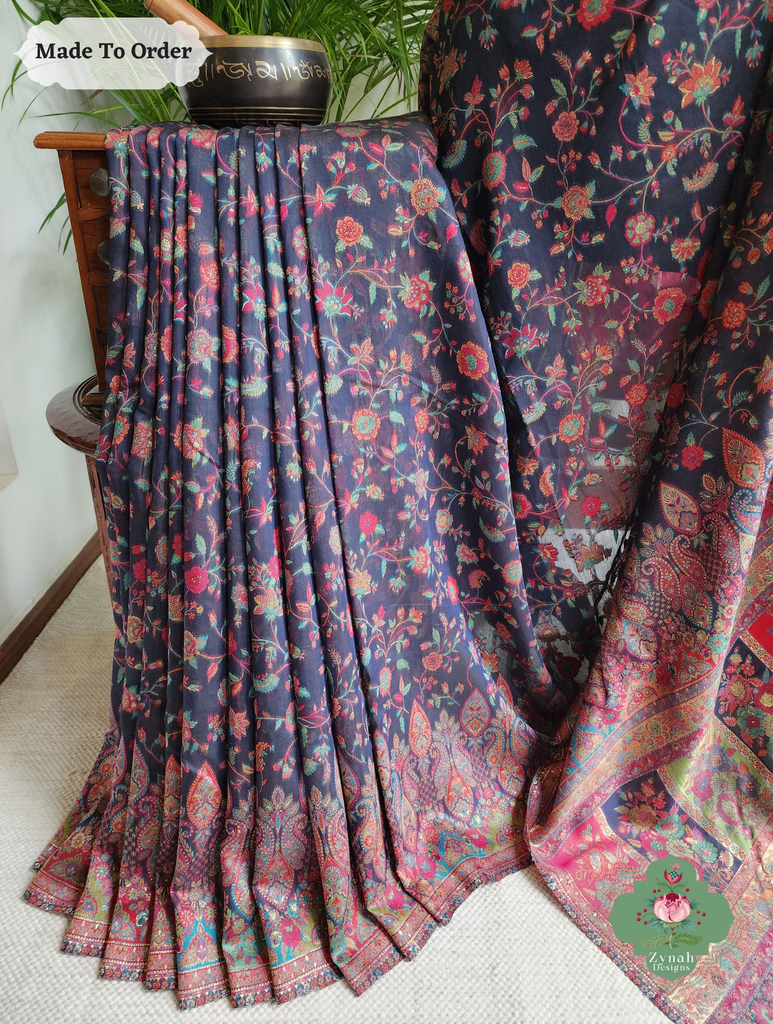 Zynah Made To Order Midnight Blue Handwoven Kashmiri Pure Kani Silk Jamavar Saree; Custom Stitched/Ready-made Blouse, Fall, Petticoat; SKU: 0110202511
