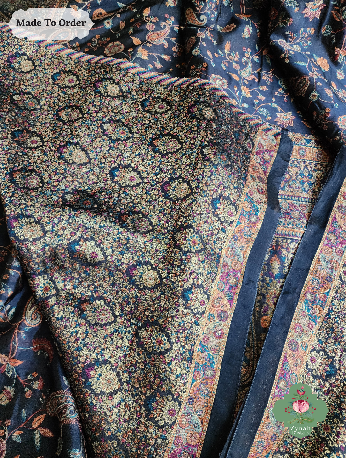 Zynah Made To Order Midnight Blue Handwoven Kashmiri Pure Kani Silk Jamavar Saree; Custom Stitched/Ready-made Blouse, Fall, Petticoat; SKU: 0110202503