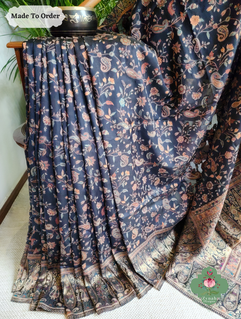 Zynah Made To Order Midnight Blue Handwoven Kashmiri Pure Kani Silk Jamavar Saree; Custom Stitched/Ready-made Blouse, Fall, Petticoat; SKU: 0110202503