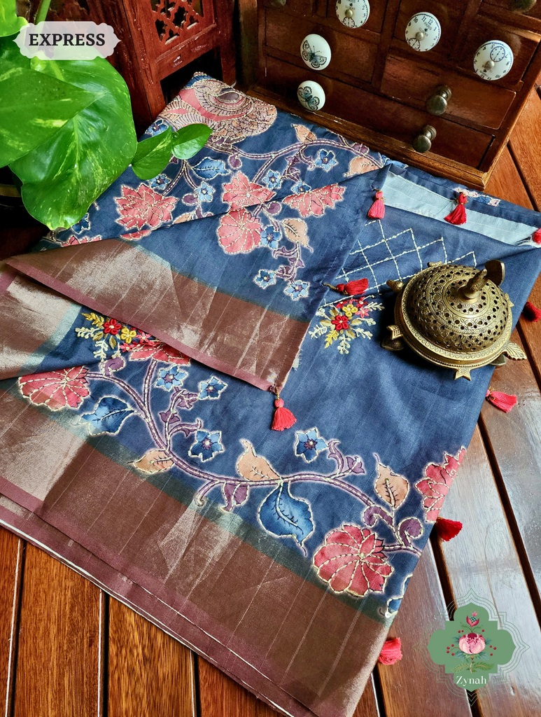 Midnight Blue Jute Linen Saree, Kalamkari Pallu With Kantha Work, All Over Frenchknot Embroidery Butis