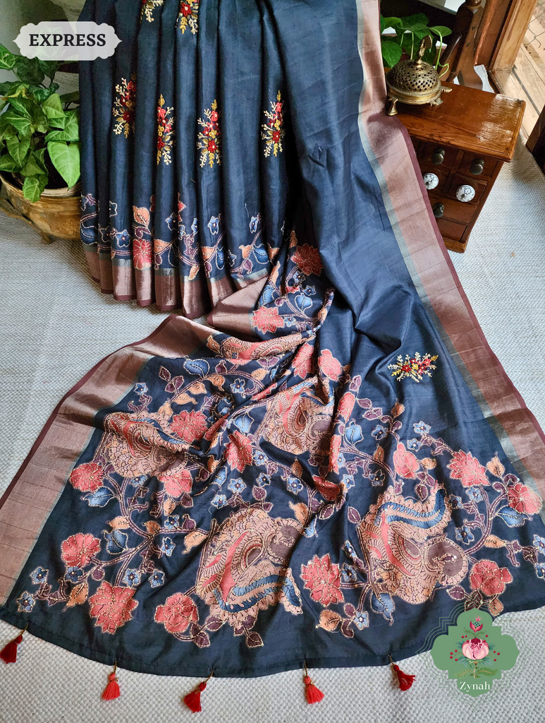 Midnight Blue Jute Linen Saree, Kalamkari Pallu With Kantha Work, All Over Frenchknot Embroidery Butis