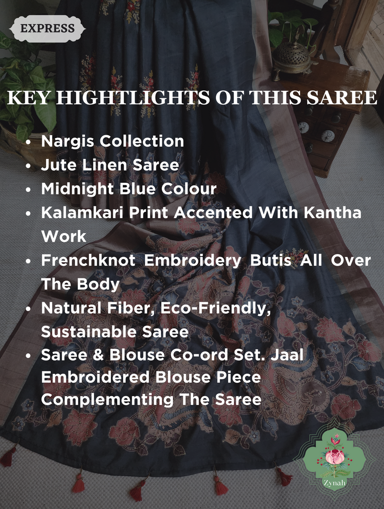 Midnight Blue Jute Linen Saree, Kalamkari Pallu With Kantha Work, All Over Frenchknot Embroidery Butis