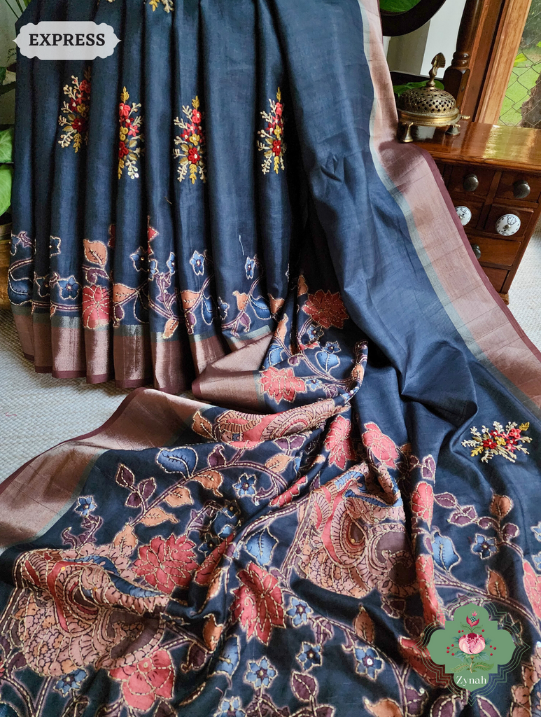 Midnight Blue Jute Linen Saree, Kalamkari Pallu With Kantha Work, All Over Frenchknot Embroidery Butis