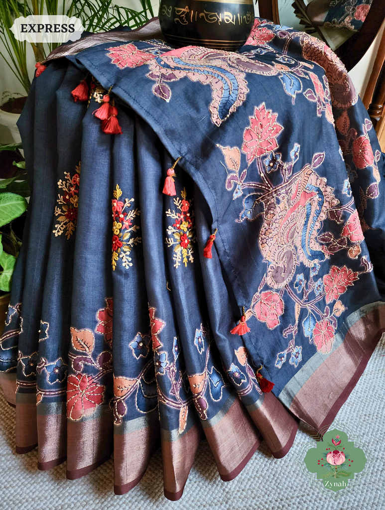 Midnight Blue Jute Linen Saree, Kalamkari Pallu With Kantha Work, All Over Frenchknot Embroidery Butis