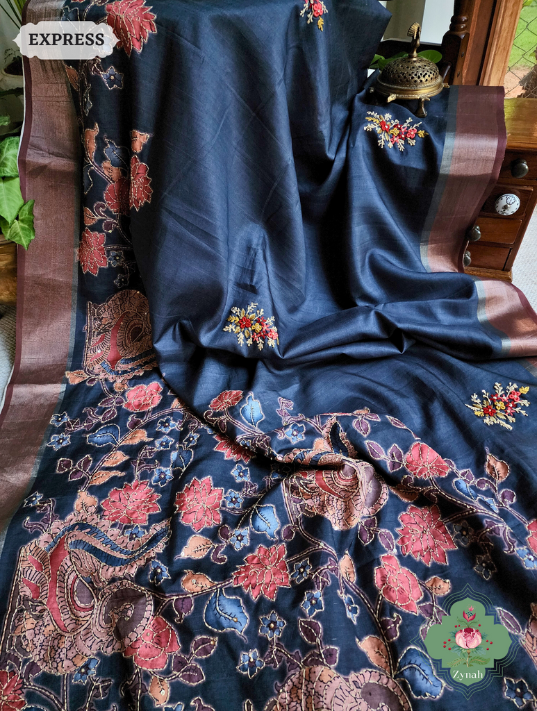 Midnight Blue Jute Linen Saree, Kalamkari Pallu With Kantha Work, All Over Frenchknot Embroidery Butis