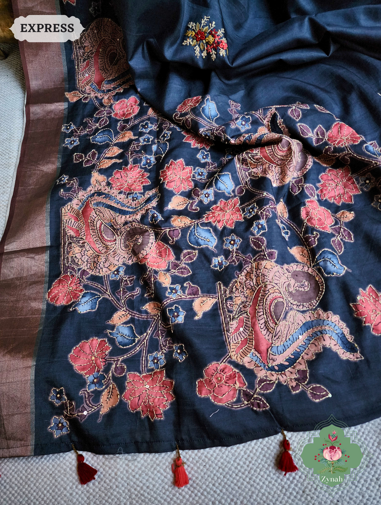 Midnight Blue Jute Linen Saree, Kalamkari Pallu With Kantha Work, All Over Frenchknot Embroidery Butis