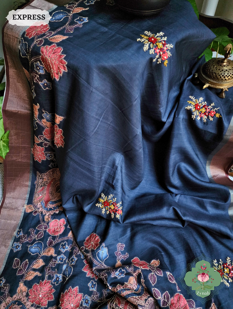 Midnight Blue Jute Linen Saree, Kalamkari Pallu With Kantha Work, All Over Frenchknot Embroidery Butis