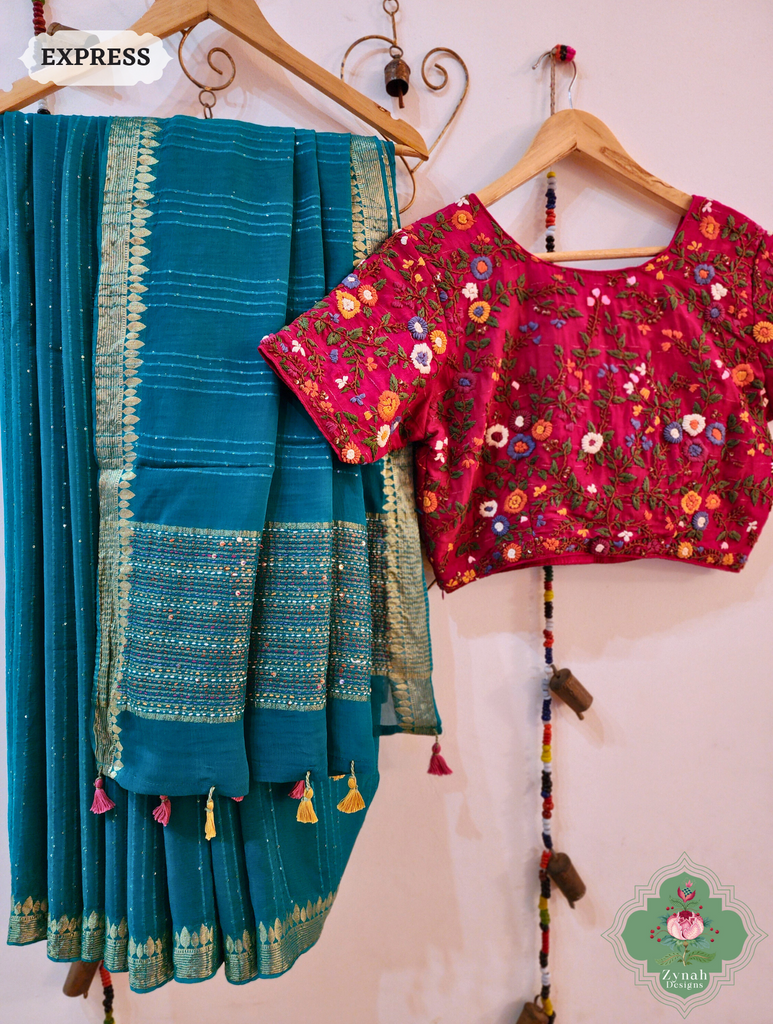 Mint Blue Crepe Silk Saree With Sequins Work, Sleek Border & Kantha Work On Pallu 10