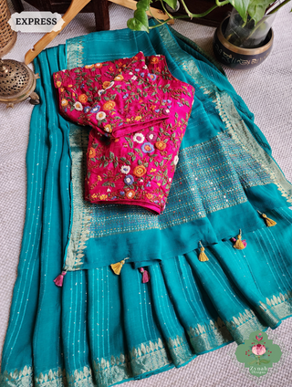Mint Blue Crepe Silk Saree With Sequins Work, Sleek Border & Kantha Work On Pallu 1