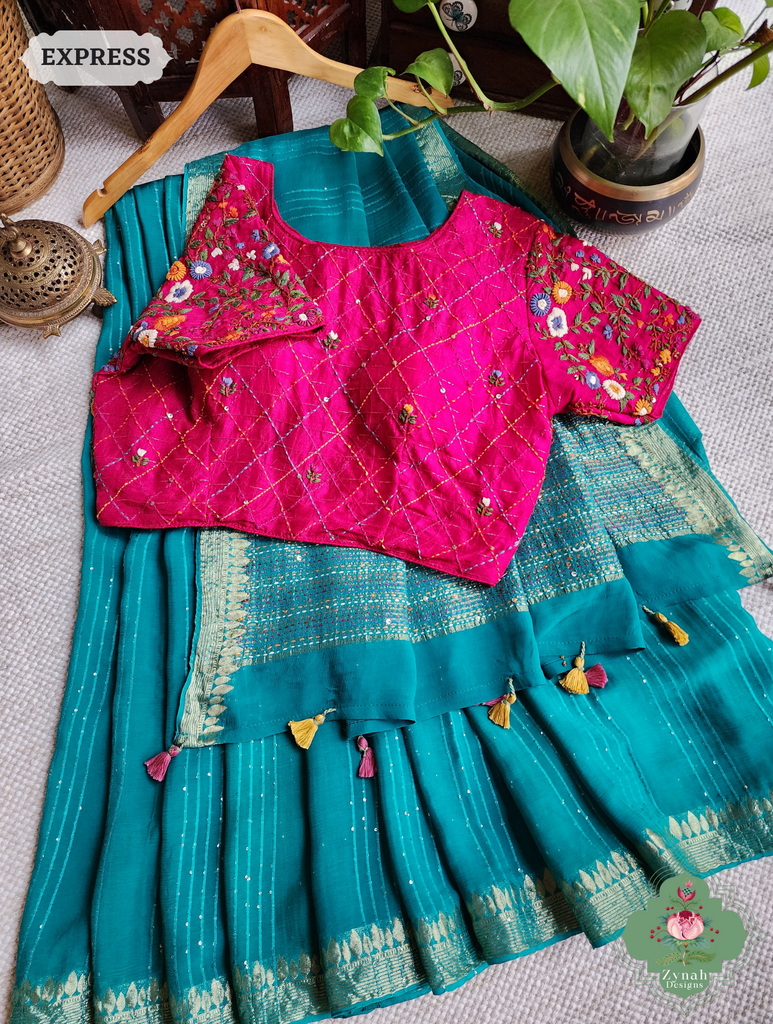 Mint Blue Crepe Silk Saree With Sequins Work, Sleek Border & Kantha Work On Pallu 3