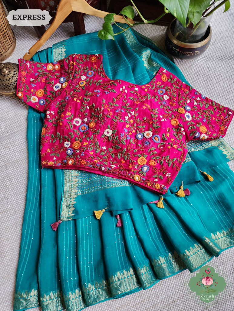 Mint Blue Crepe Silk Saree With Sequins Work, Sleek Border & Kantha Work On Pallu 4