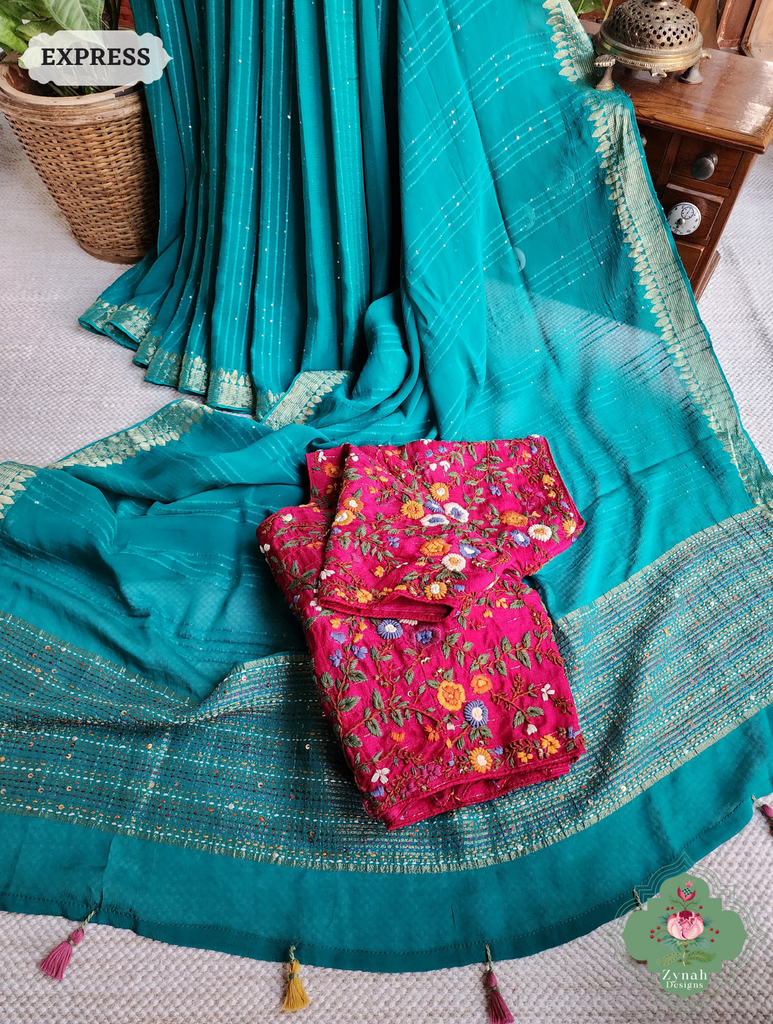 Mint Blue Crepe Silk Saree With Sequins Work, Sleek Border & Kantha Work On Pallu 5