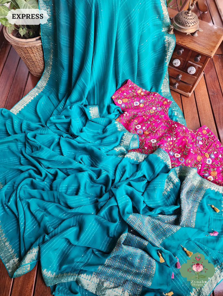 Mint Blue Crepe Silk Saree With Sequins Work, Sleek Border & Kantha Work On Pallu 6