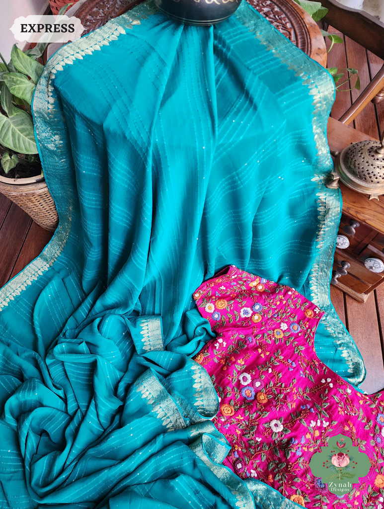 Mint Blue Crepe Silk Saree With Sequins Work, Sleek Border & Kantha Work On Pallu 7