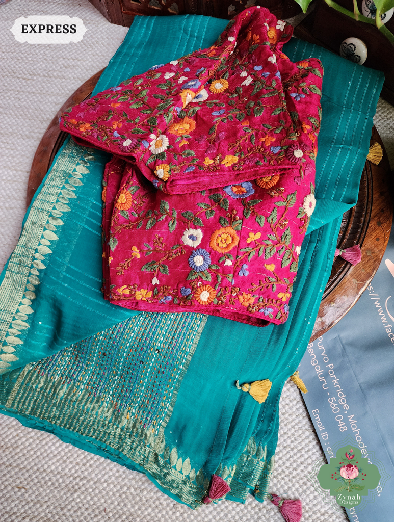 Mint Blue Crepe Silk Saree With Sequins Work, Sleek Border & Kantha Work On Pallu 8
