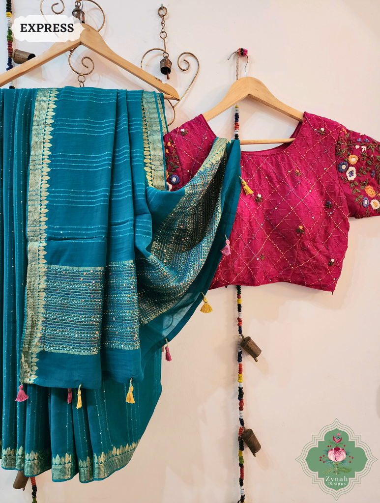 Mint Blue Crepe Silk Saree With Sequins Work, Sleek Border & Kantha Work On Pallu 9