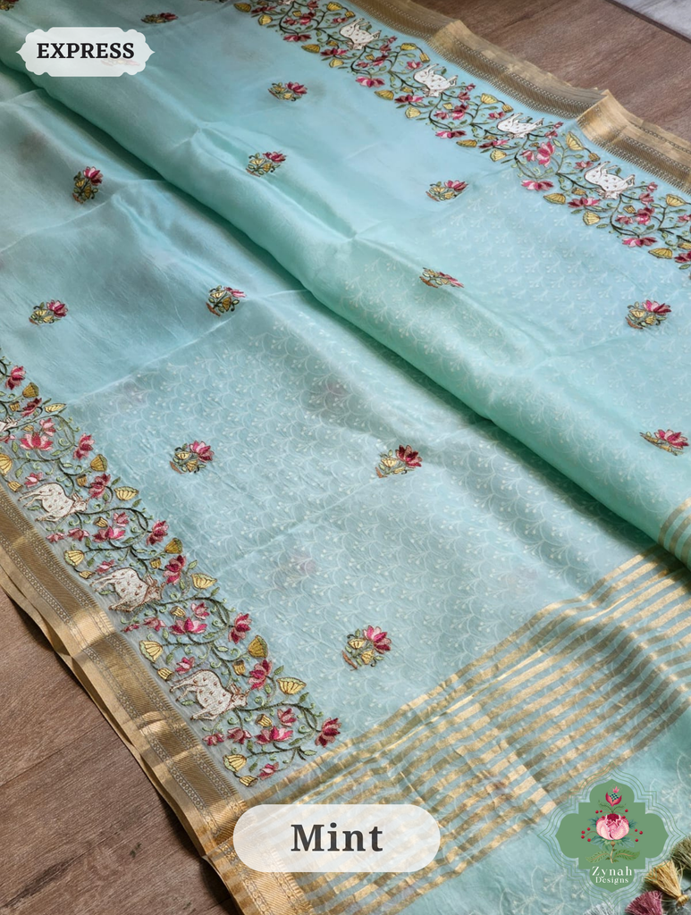 Zynah Off White Pure Organza Silk Saree With Pichwai Embroidery & Multicolor Tassels On Pallu; Custom Stitched/Ready-made Blouse, Fall, Petticoat; SKU: 2711202303