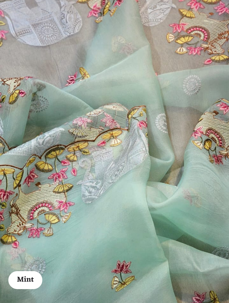 Zynah Pure Organza Silk Sarees With Elephant Pichwai Embroidery & Scallop Border; Custom Stitched/Ready-made Blouse, Fall, Petticoat; SKU: 0401202410