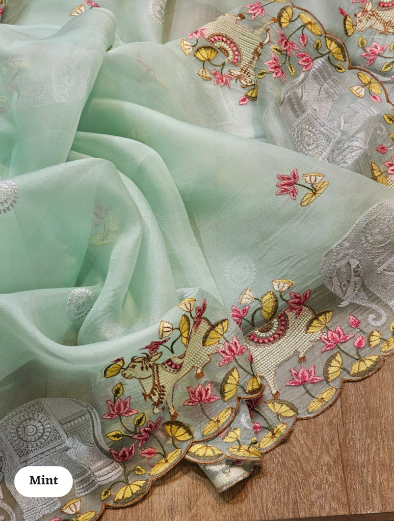 Zynah Pure Organza Silk Sarees With Elephant Pichwai Embroidery & Scallop Border; Custom Stitched/Ready-made Blouse, Fall, Petticoat; SKU: 0401202410