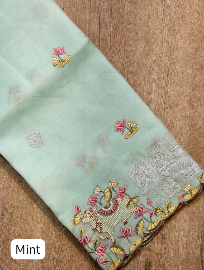 Zynah Pure Organza Silk Sarees With Elephant Pichwai Embroidery & Scallop Border; Custom Stitched/Ready-made Blouse, Fall, Petticoat; SKU: 0401202410