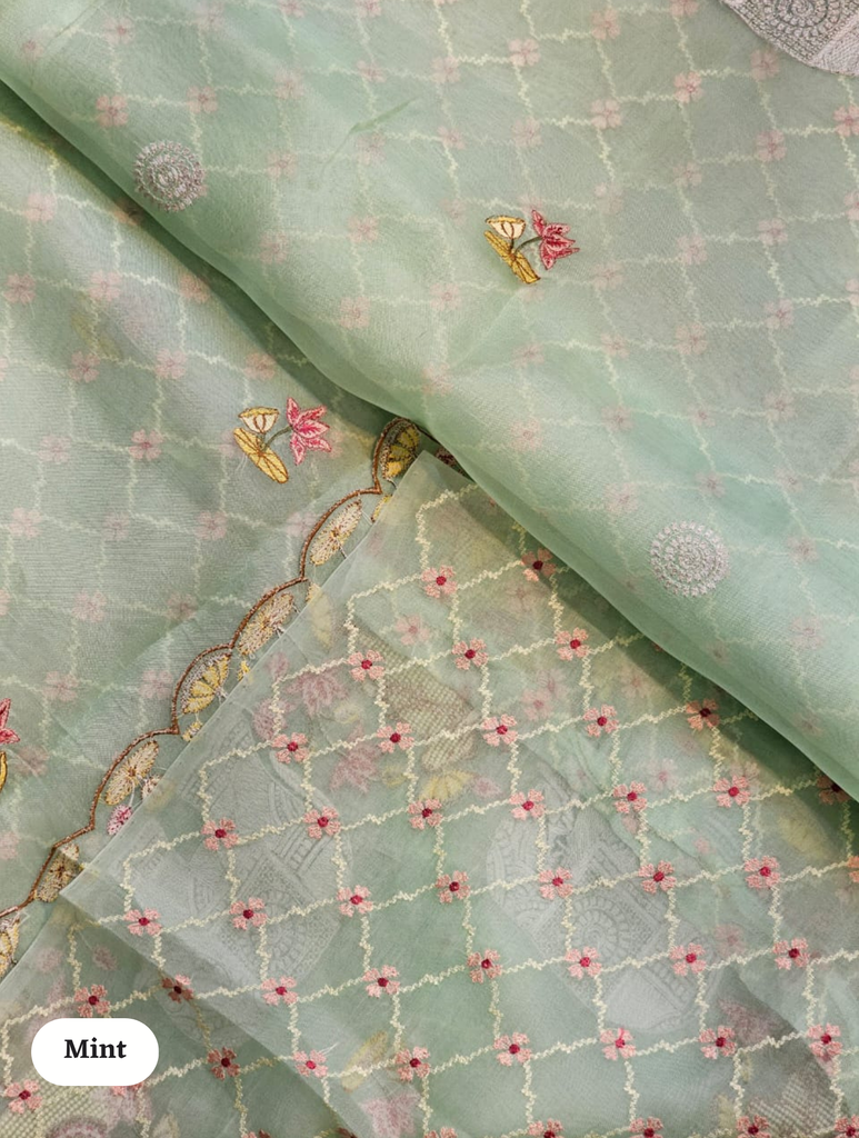 Zynah Pure Organza Silk Sarees With Elephant Pichwai Embroidery & Scallop Border; Custom Stitched/Ready-made Blouse, Fall, Petticoat; SKU: 0401202410