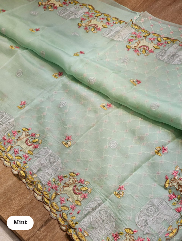 Zynah Pure Organza Silk Sarees With Elephant Pichwai Embroidery & Scallop Border; Custom Stitched/Ready-made Blouse, Fall, Petticoat; SKU: 0401202410