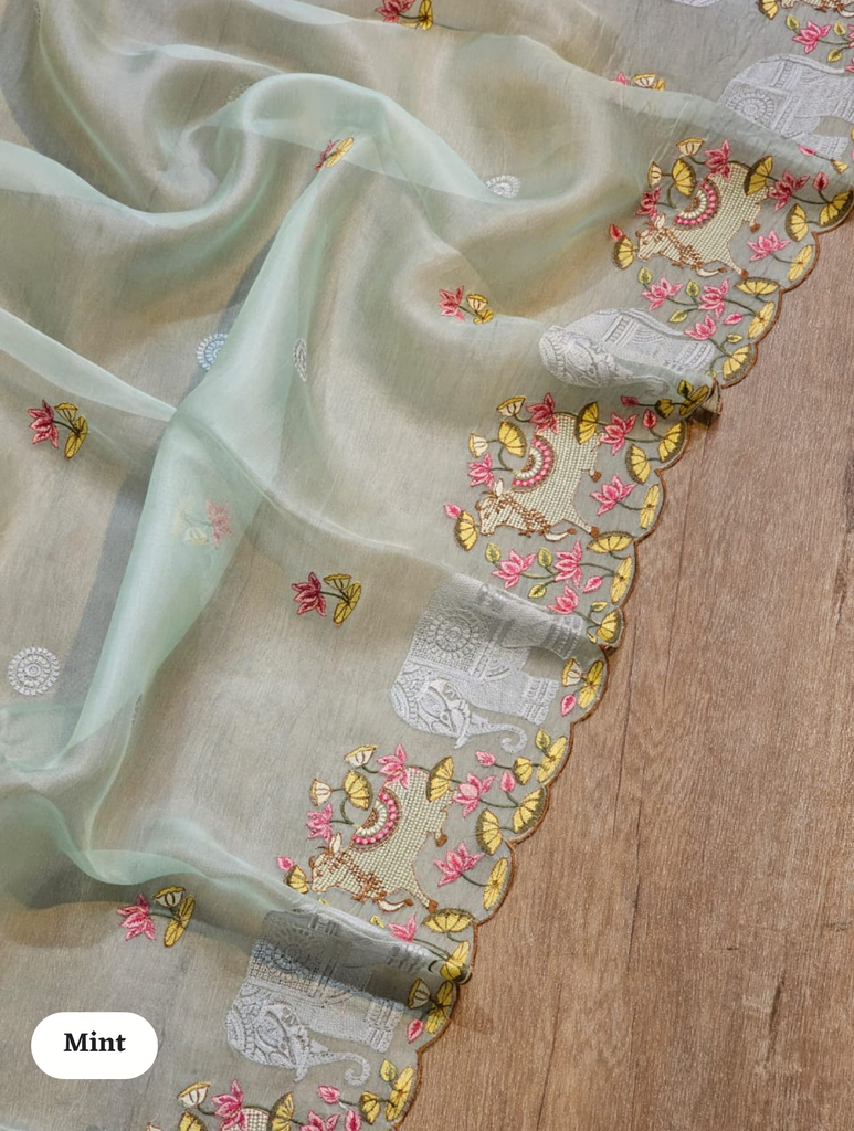 Zynah Pure Organza Silk Sarees With Elephant Pichwai Embroidery & Scallop Border; Custom Stitched/Ready-made Blouse, Fall, Petticoat; SKU: 0401202410