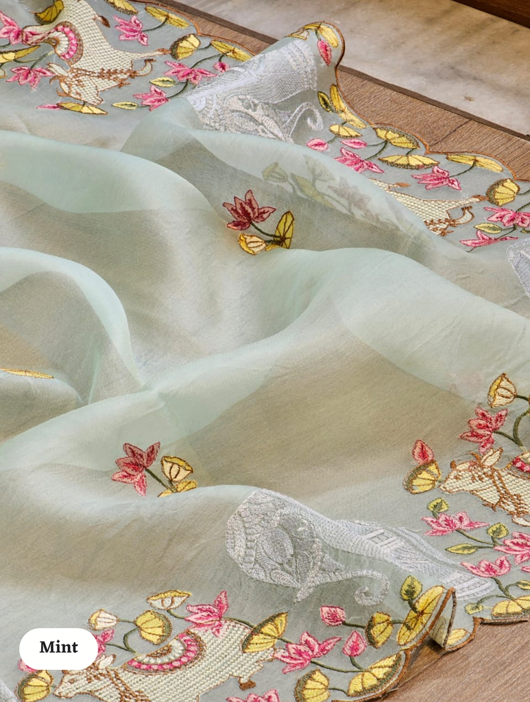 Zynah Pure Organza Silk Sarees With Elephant Pichwai Embroidery & Scallop Border; Custom Stitched/Ready-made Blouse, Fall, Petticoat; SKU: 0401202410