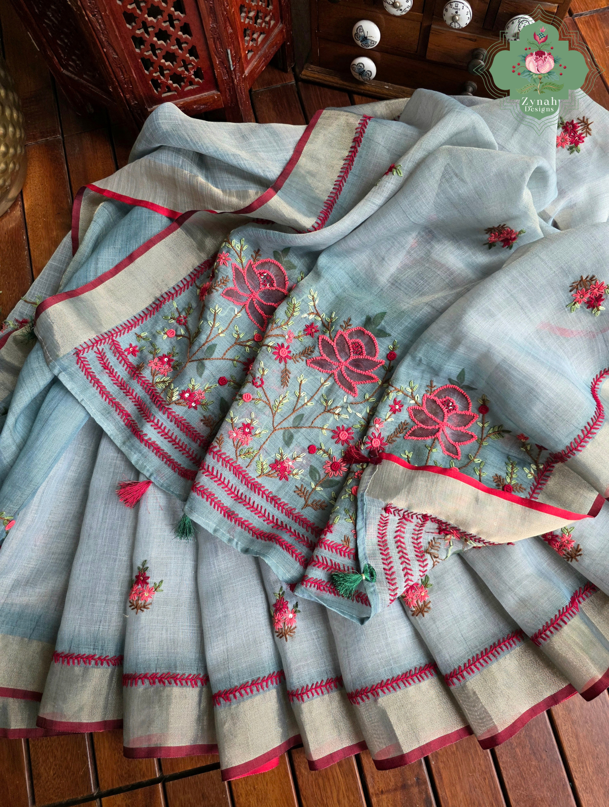 Mishka | Hand Painted Dusty Blue Linen Tissue Saree With Hand Embroidery