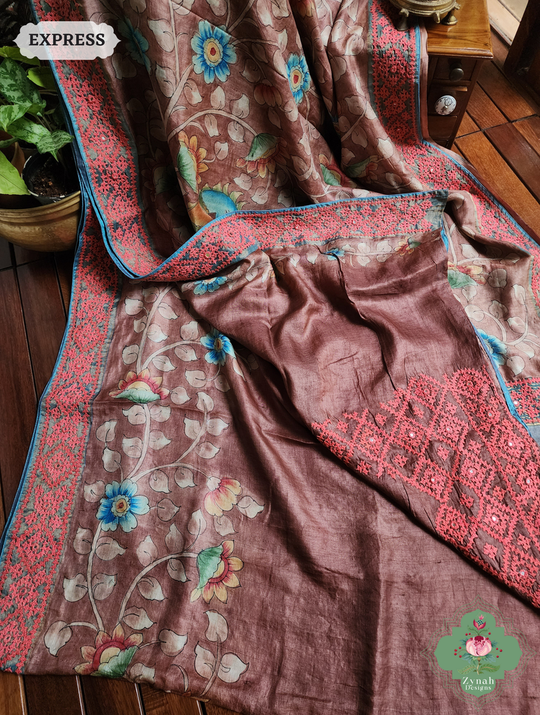 Zynah Mocha Hand-Painted Tussar Silk Kalamkari Saree With Kutch Hand Embroidery; Custom Stitched/Ready-made Blouse, Fall, Petticoat; SKU: 2805202504