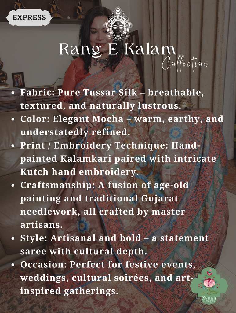 Zynah Mocha Hand-Painted Tussar Silk Kalamkari Saree With Kutch Hand Embroidery; Custom Stitched/Ready-made Blouse, Fall, Petticoat; SKU: 2805202504
