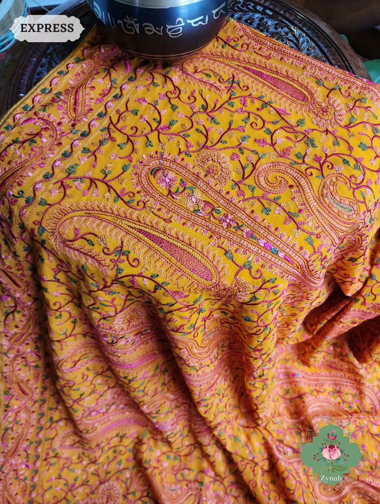 Mustard Yellow Georgette Saree With Kashida Inspired Embroidery 10