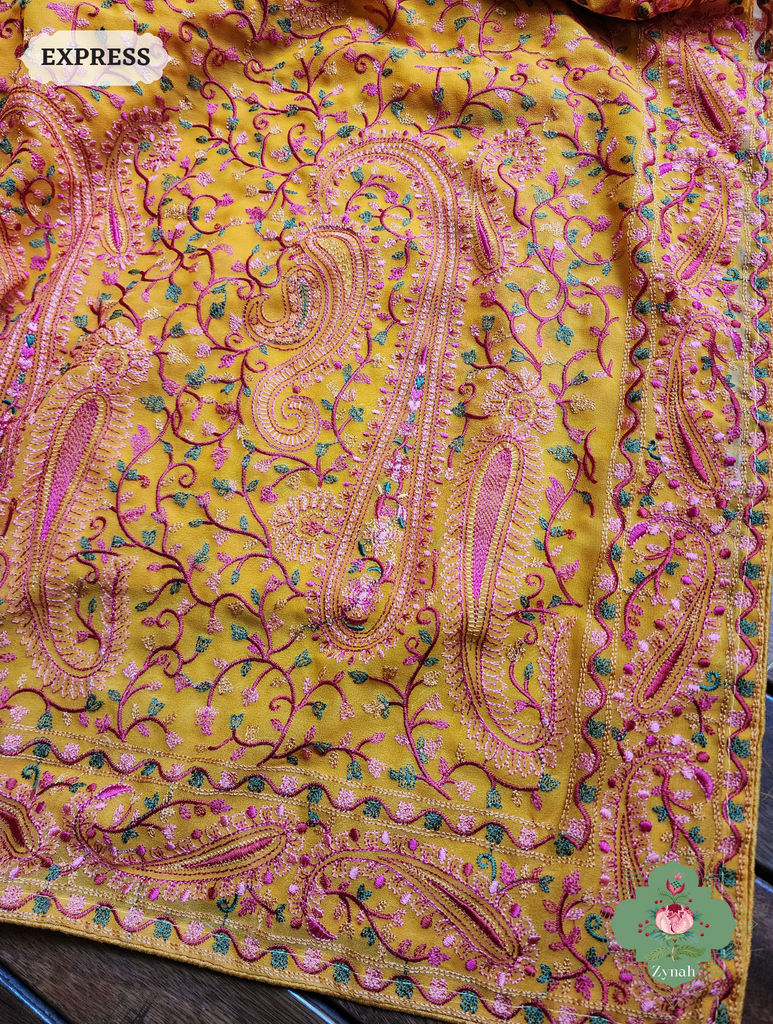 Mustard Yellow Georgette Saree With Kashida Inspired Embroidery 11
